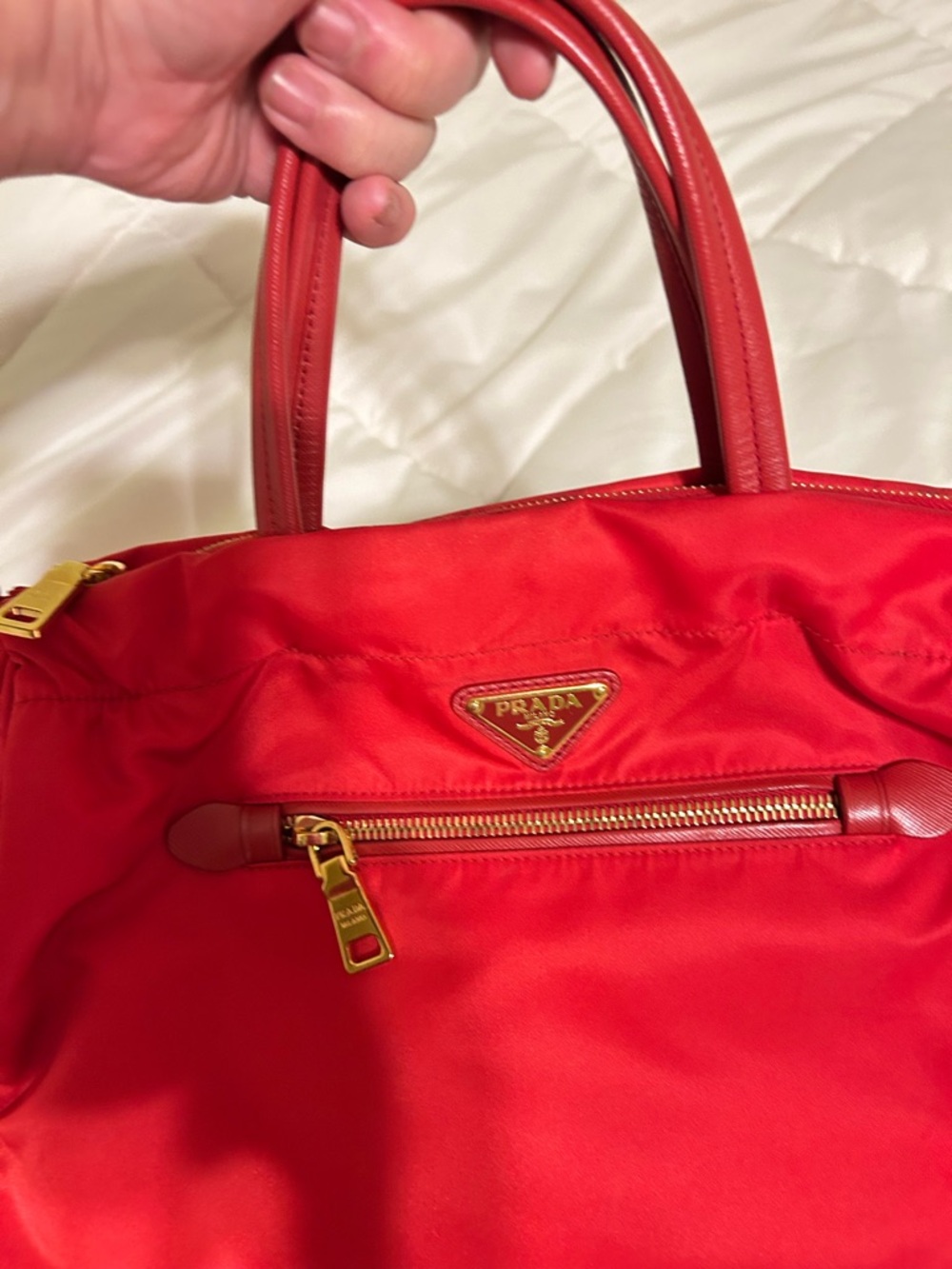 Prada Red Nylon Tote with Gold-Tone Hardware